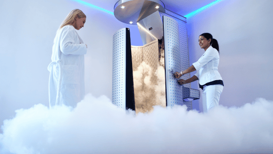 Woman going to an electric cryotherapy chamber