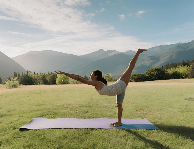 A woman practices yoga outdoors, performing a pose on a grassy field, with a serene sky and mountains in the background.