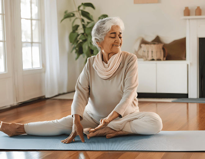 An elderly woman performs a yoga pose on a mat in her cozy, well-lit living room.