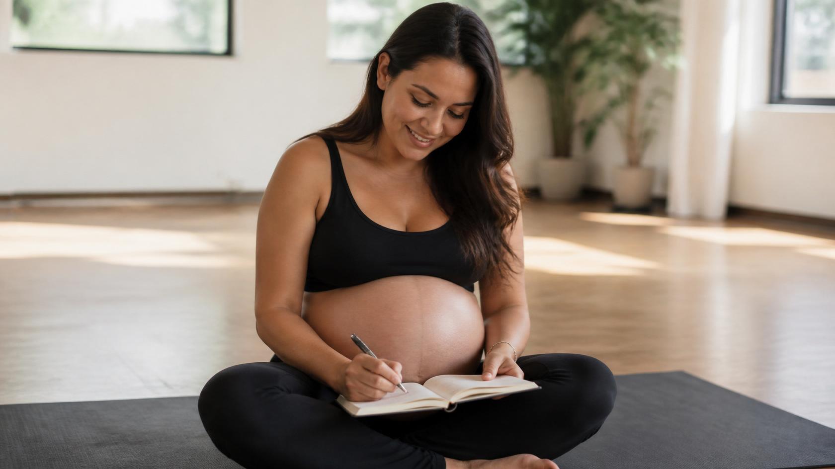 Pregnant woman journaling peacefully on a yoga mat in soft morning light.